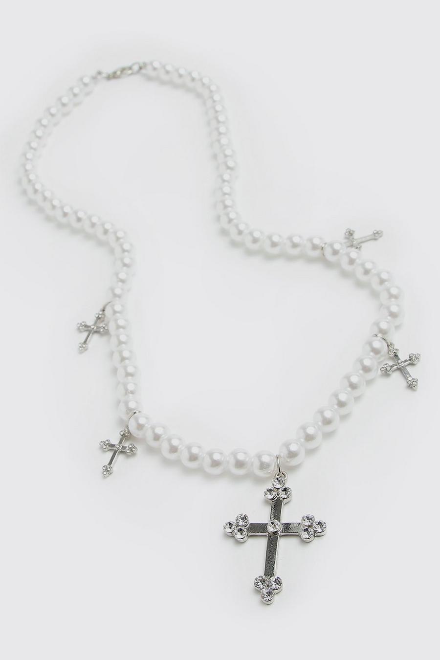 Collar de perlas con colgantes de cruces, White blanco image number 1
