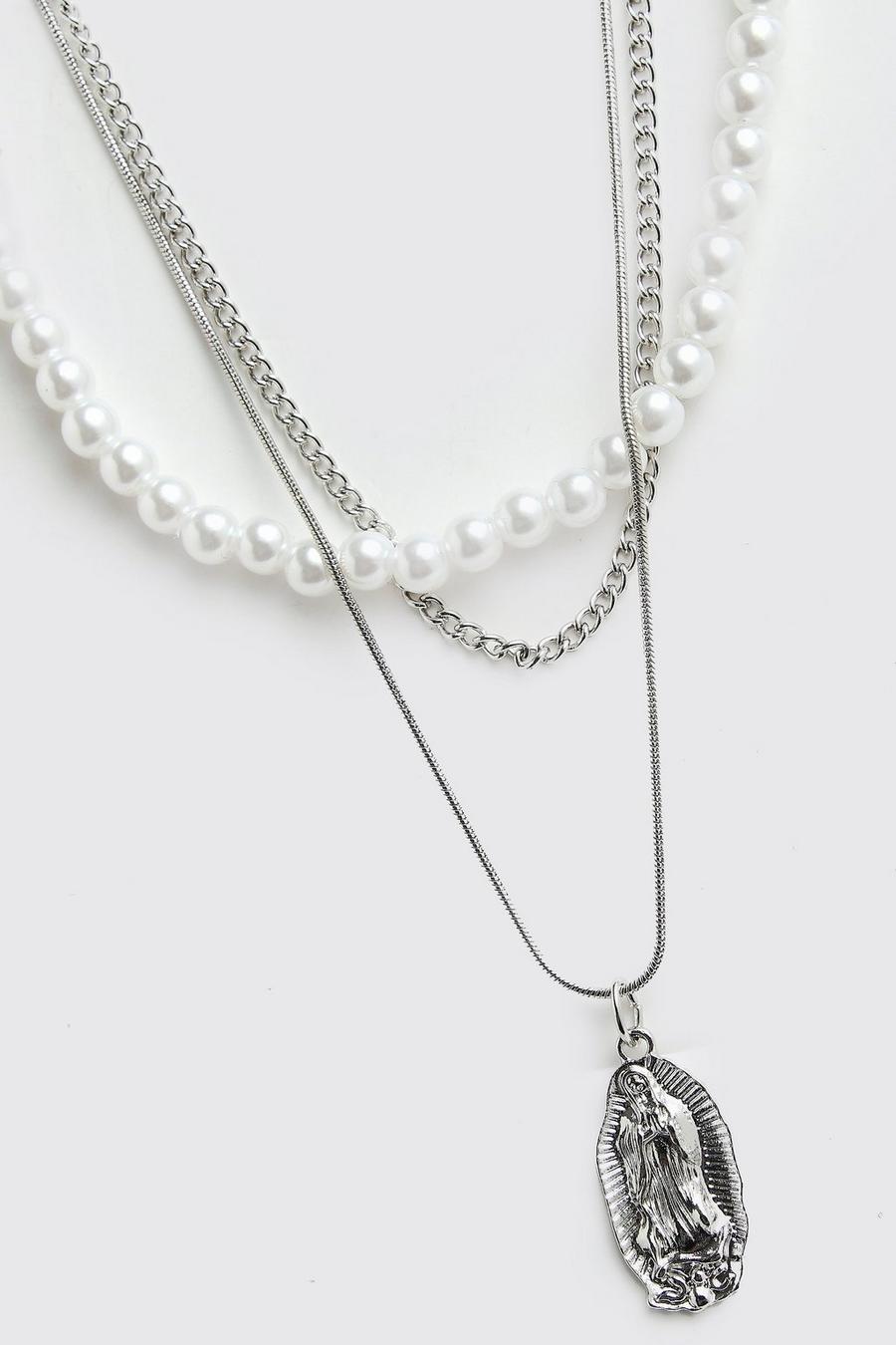 Silver argent Triple Layer Pearl Necklace With Pendant image number 1