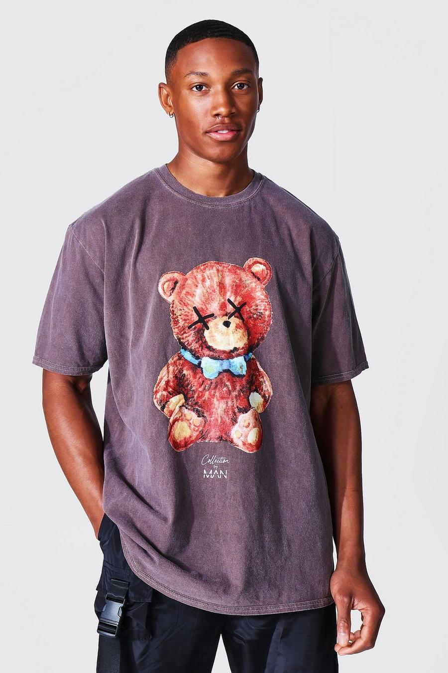 Gefärbtes Oversize T-Shirt mit Teddy-Print, Brown marron image number 1