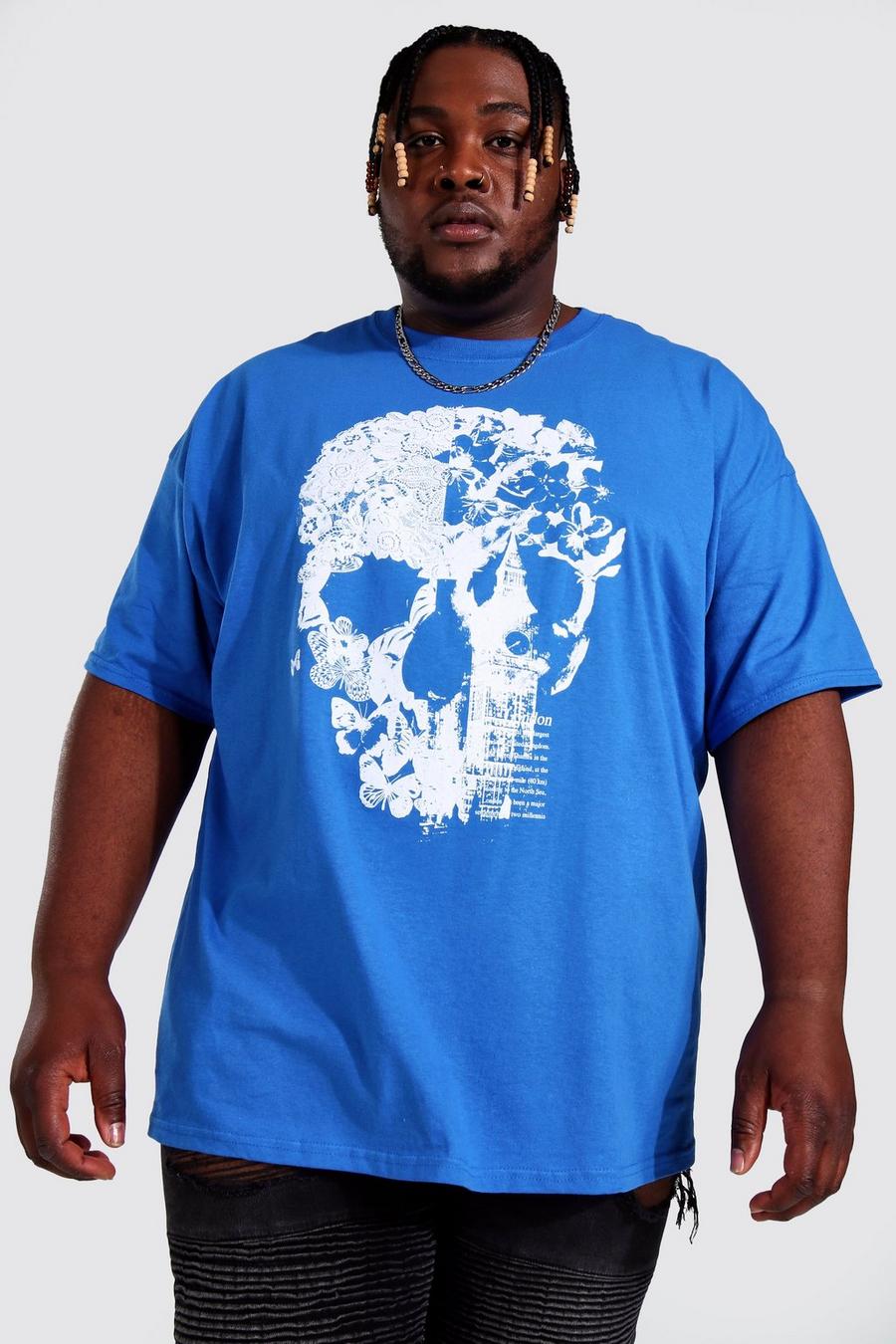 Plus Size T-Shirt mit Schmetterlings-und Totenkopfprint, Cobalt bleu image number 1