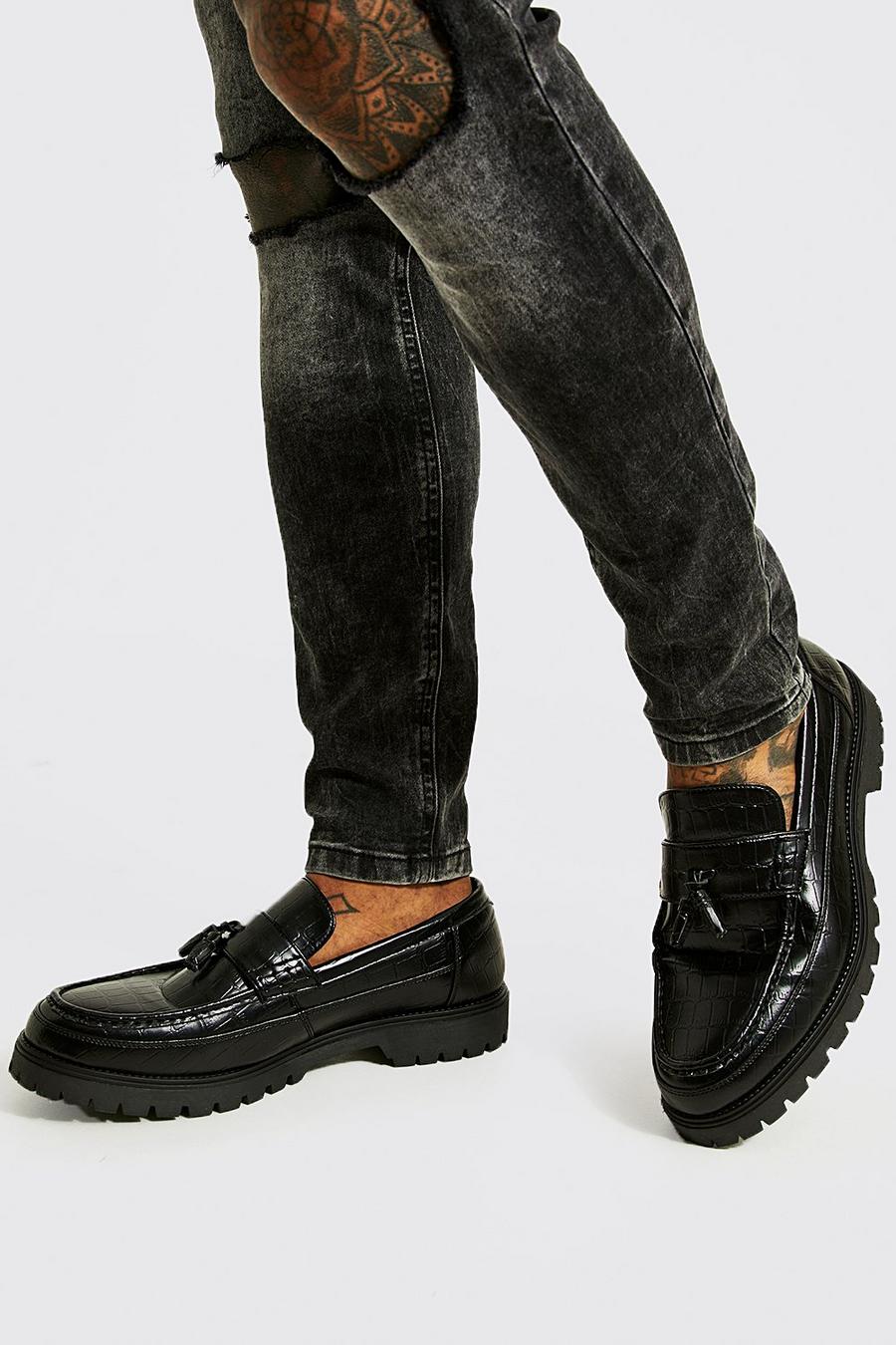 Black svart Loafers i konstläder med krokodilskinnseffekt image number 1