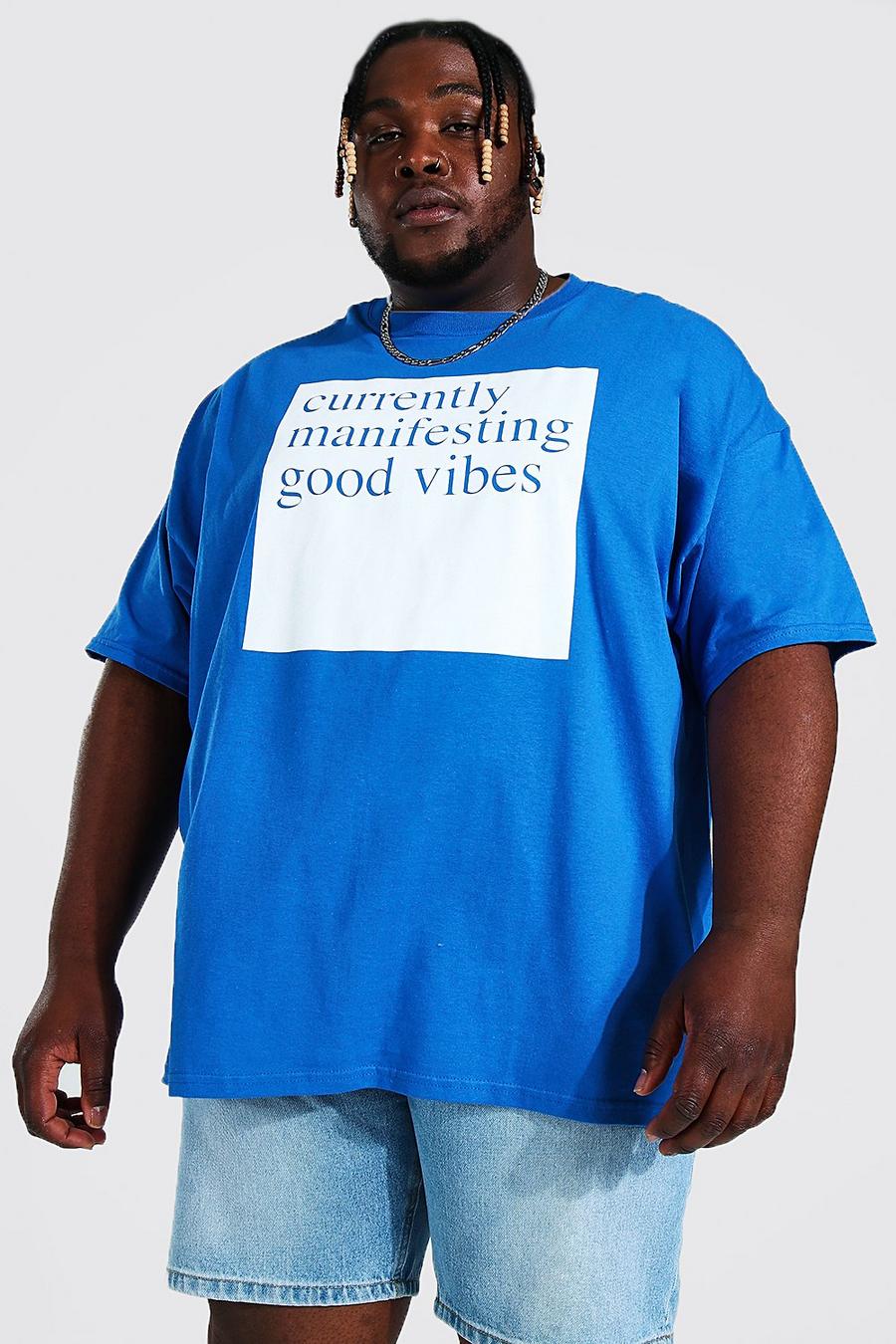T-shirt Plus Size con riquadro stampato con scritta Good Vibes, Cobalt azzurro image number 1