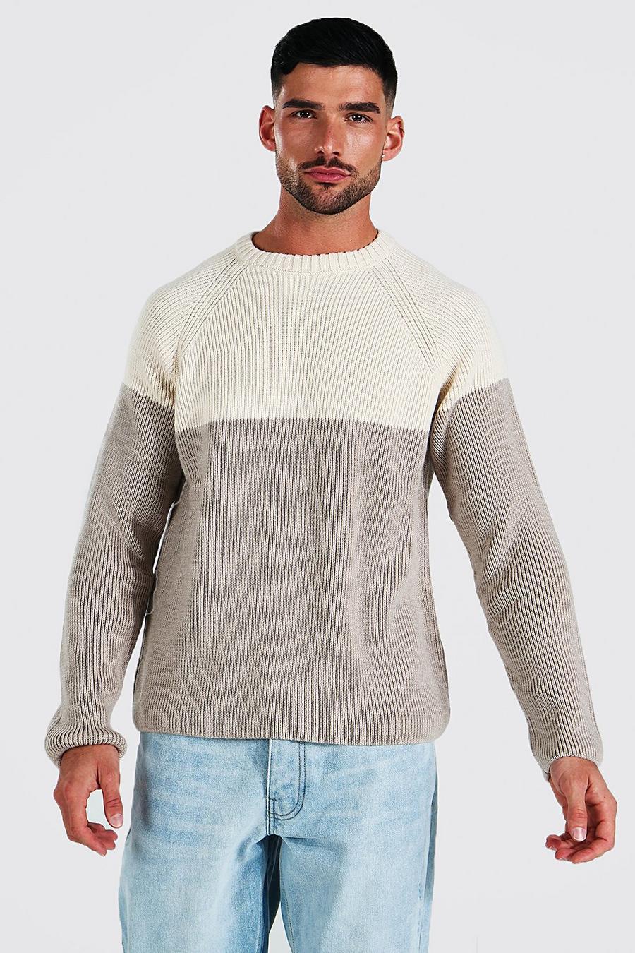 Stone beige Colour Block Chunky Knit Crew Neck Jumper image number 1