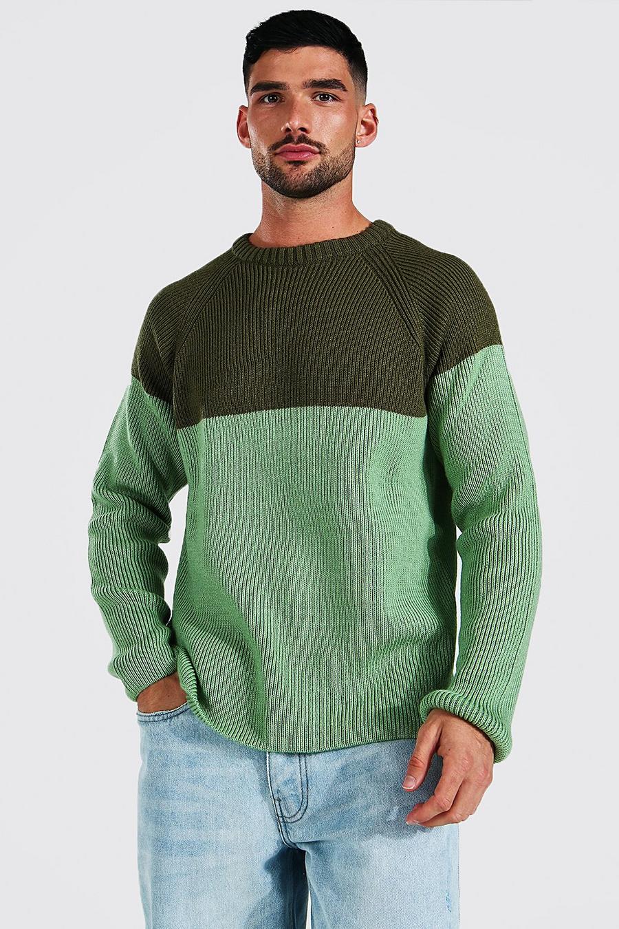 Khaki Colour Block Chunky Knit Crew Neck Sweater image number 1