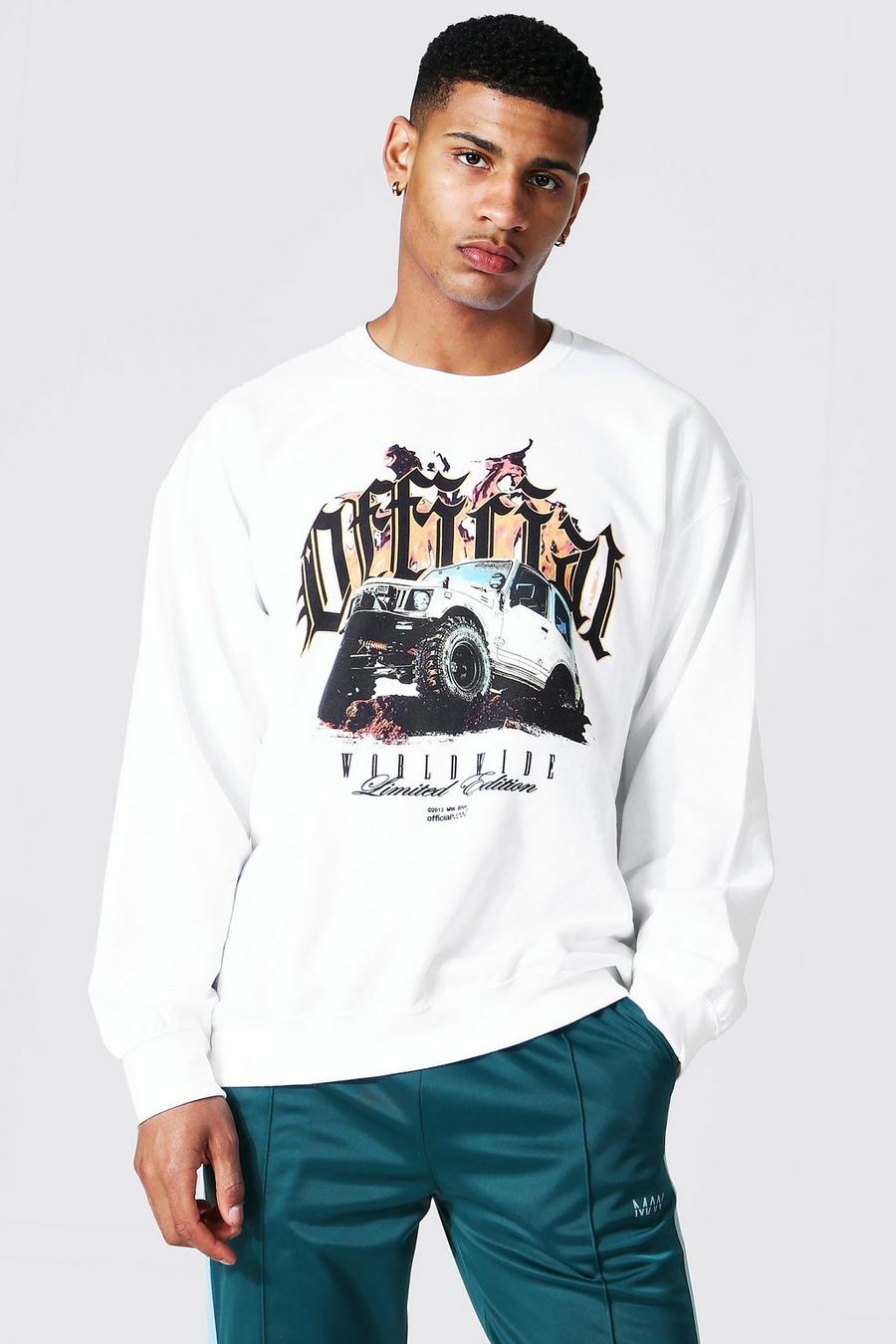 White Oversized Official Flames Print Sweatshirt image number 1