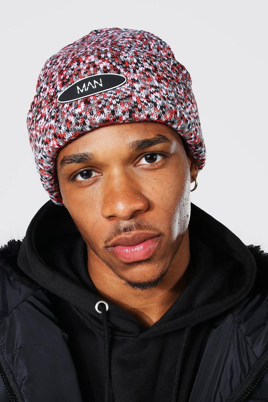 Red Jacquard Man Badge Classic Beanie image number 1