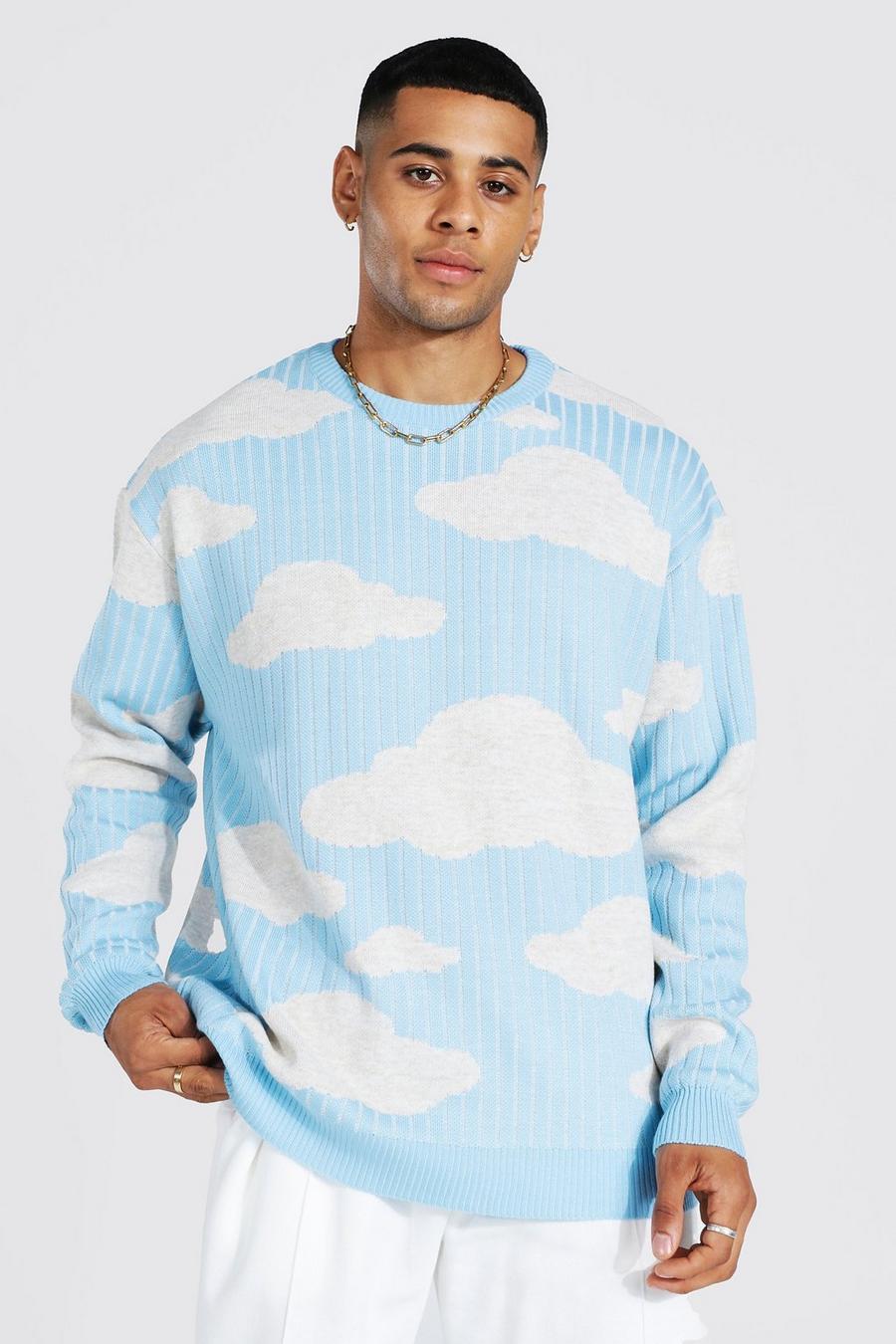 Oversize Strick-Pullover mit Wolken, Blue image number 1