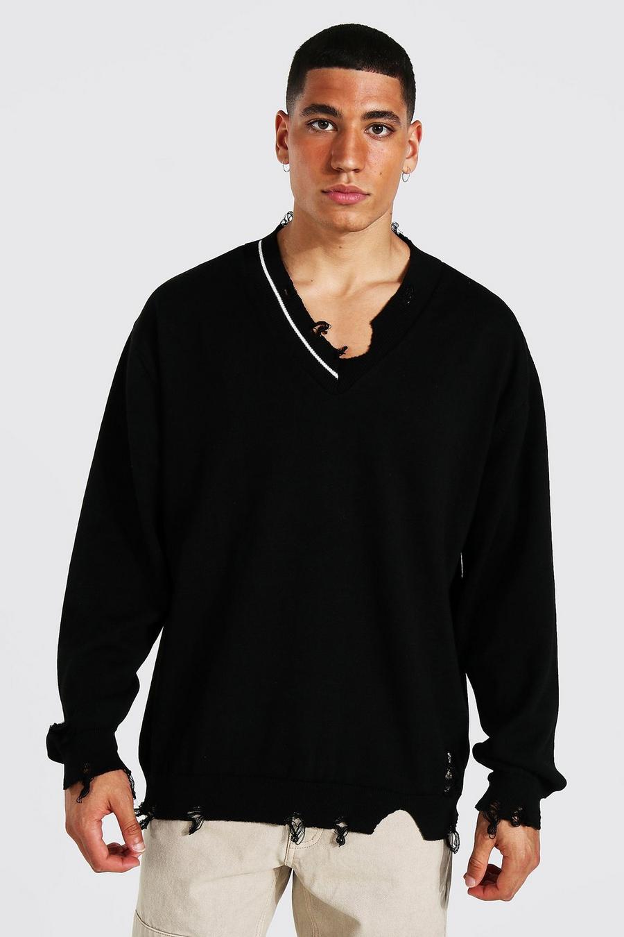 Black svart Stickad tröja med sliten kant image number 1