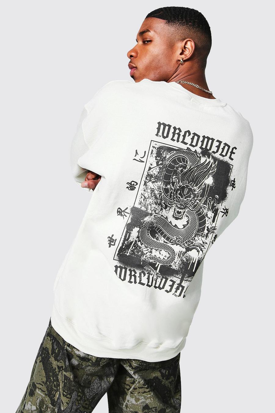Oversize Sweatshirt mit Drachen-Print hinten, Sand beige image number 1