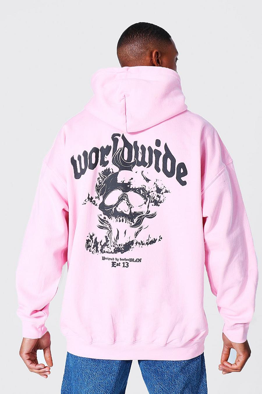 Oversize Worldwide Hoodie mit Totenkopf-Print, Light pink rose image number 1