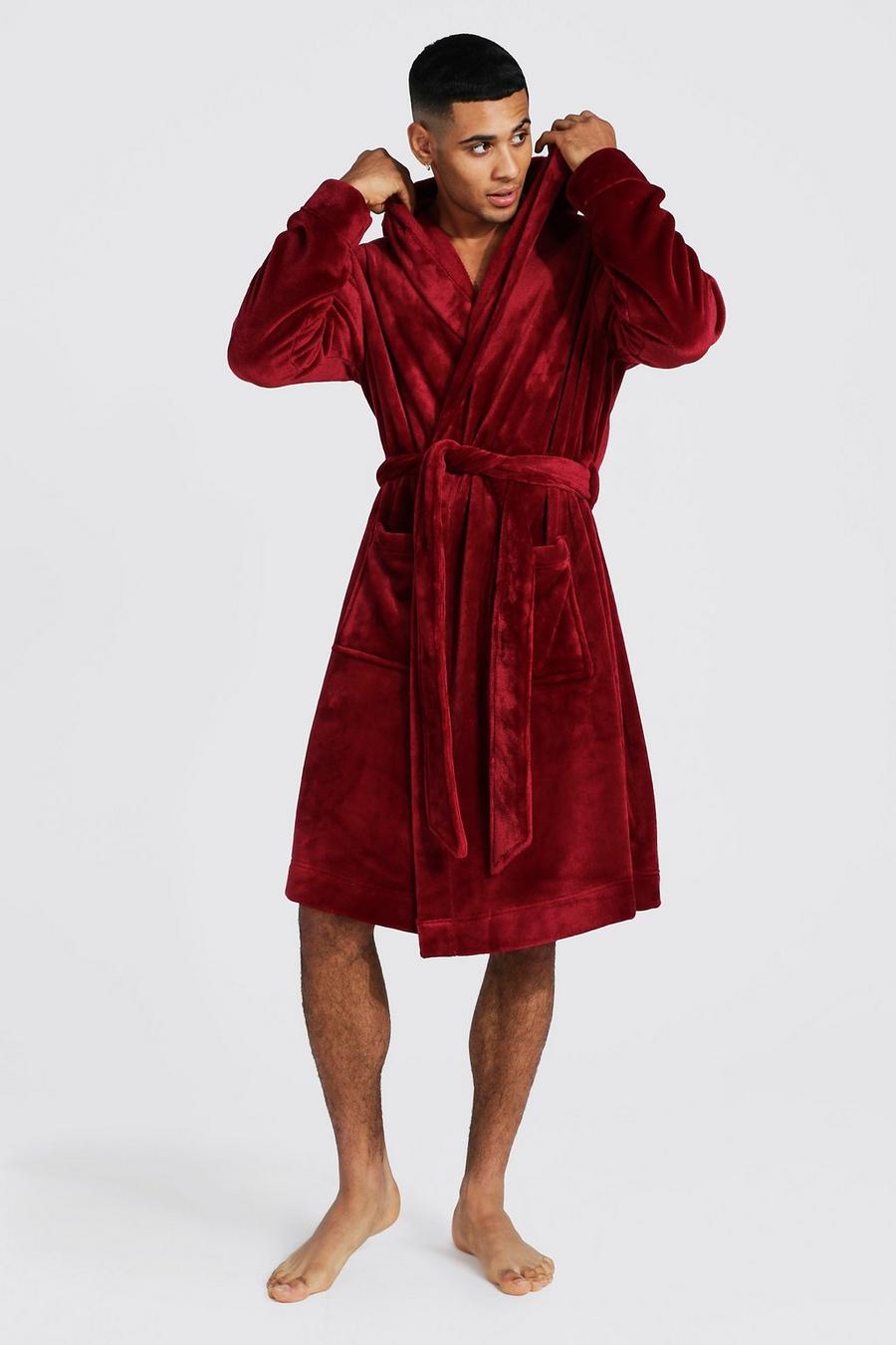 Burgundy red Fleece Hooded Dressing Gown image number 1