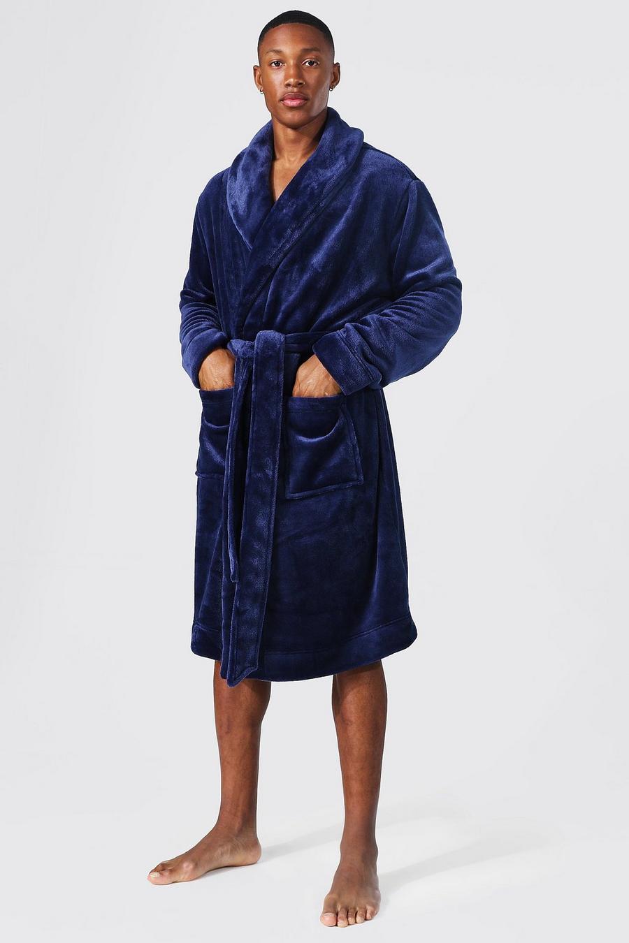 Navy Fleece Shawl Collar Dressing Gown image number 1