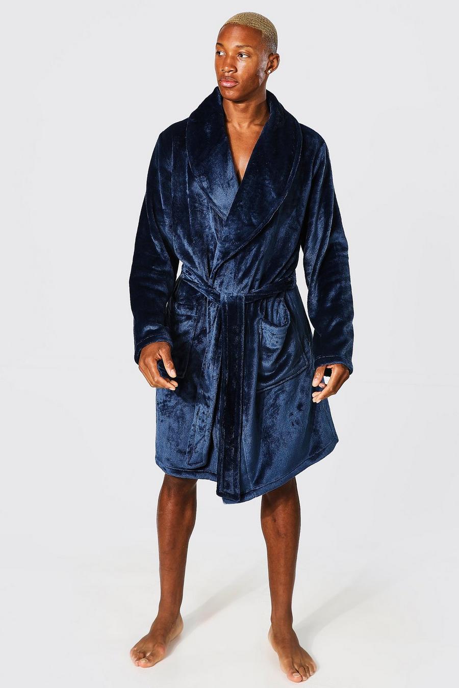 Navy Fleece Shawl Collar Dressing Gown image number 1
