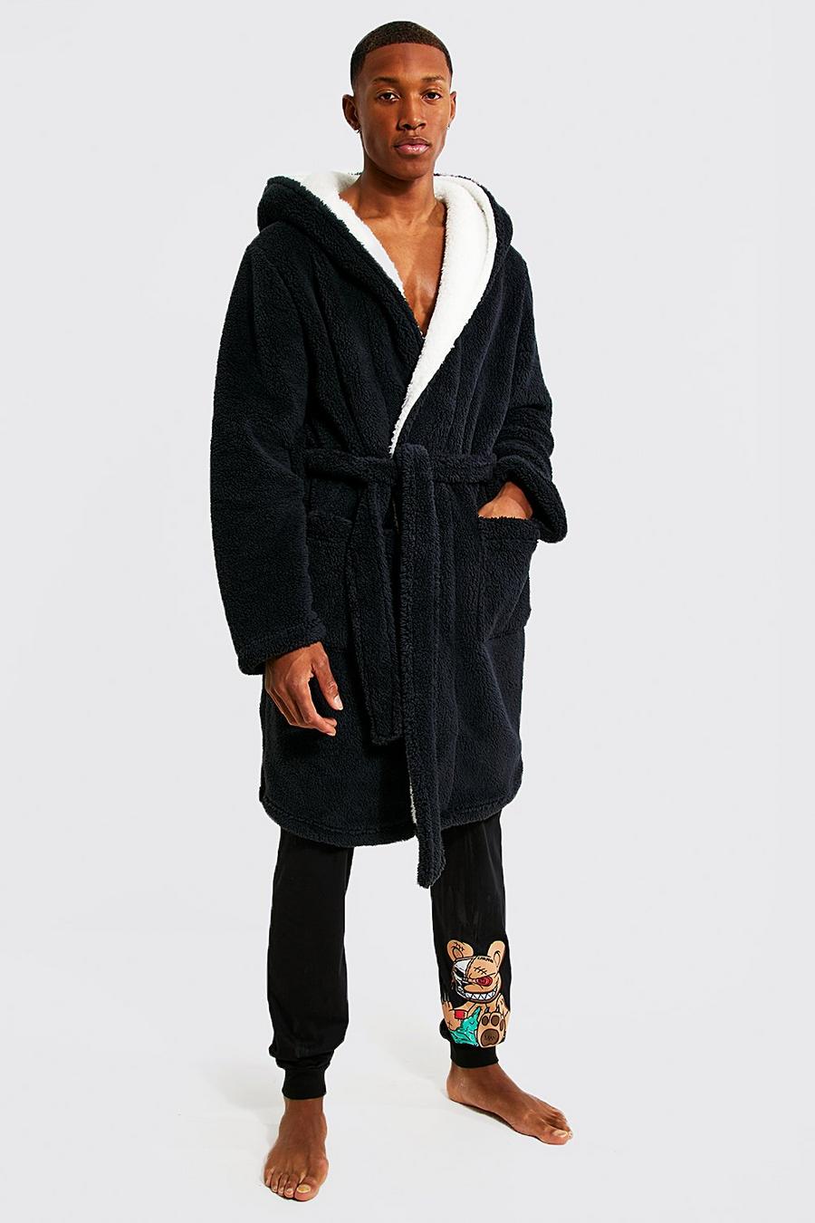 Charcoal gris Borg Lined Hooded Dressing Gown image number 1