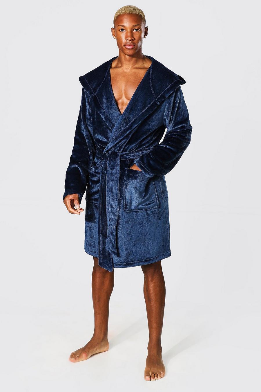Navy Fleece Hooded Dressing Gown image number 1
