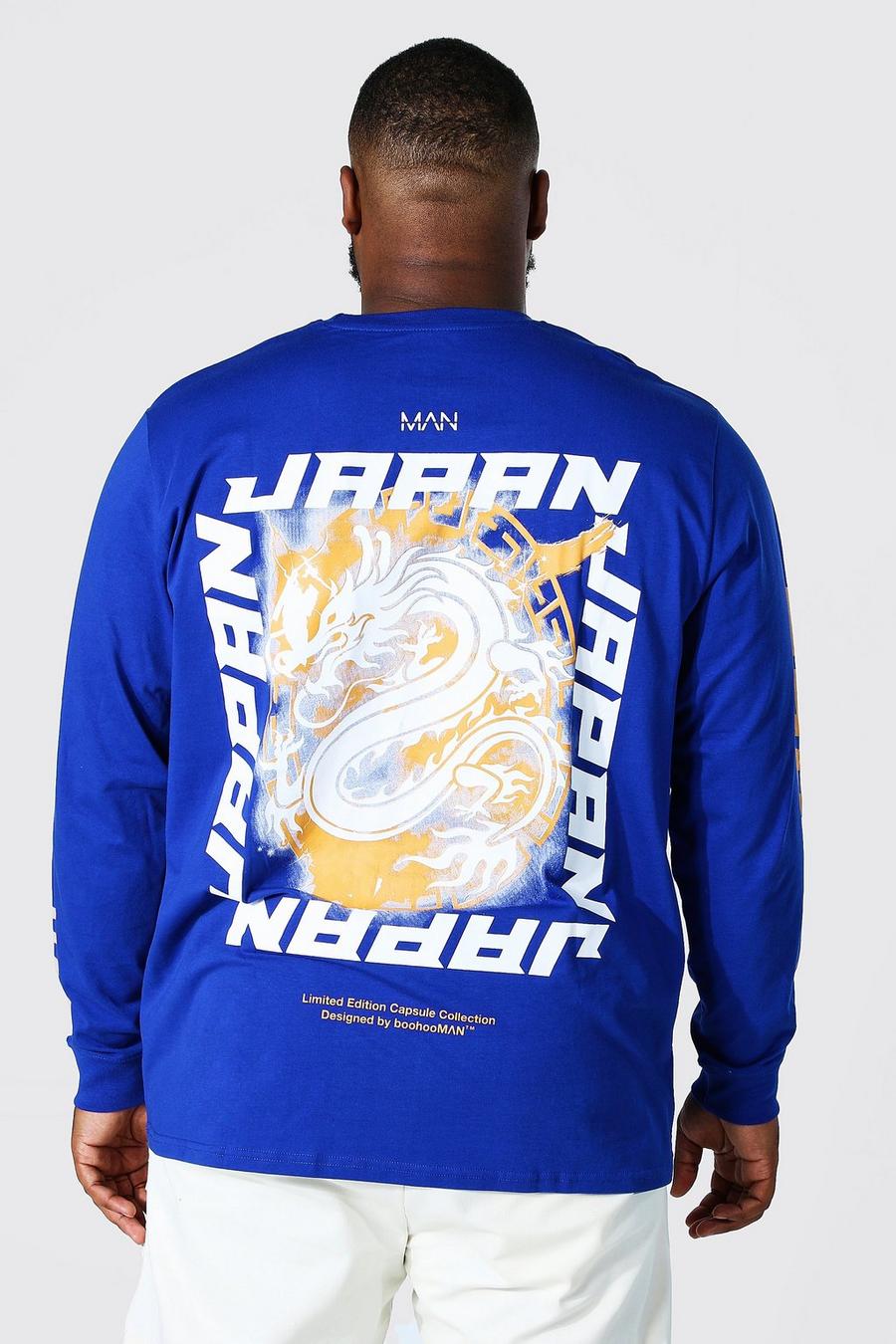Camiseta Plus de manga larga con estampado de dragón en la espalda, Cobalt azul image number 1