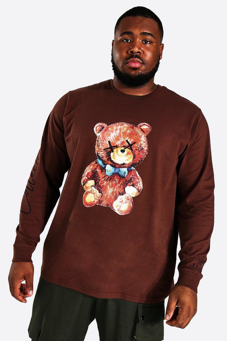 Chocolate marron Plus Long Sleeve Teddy Collection Print Tee image number 1