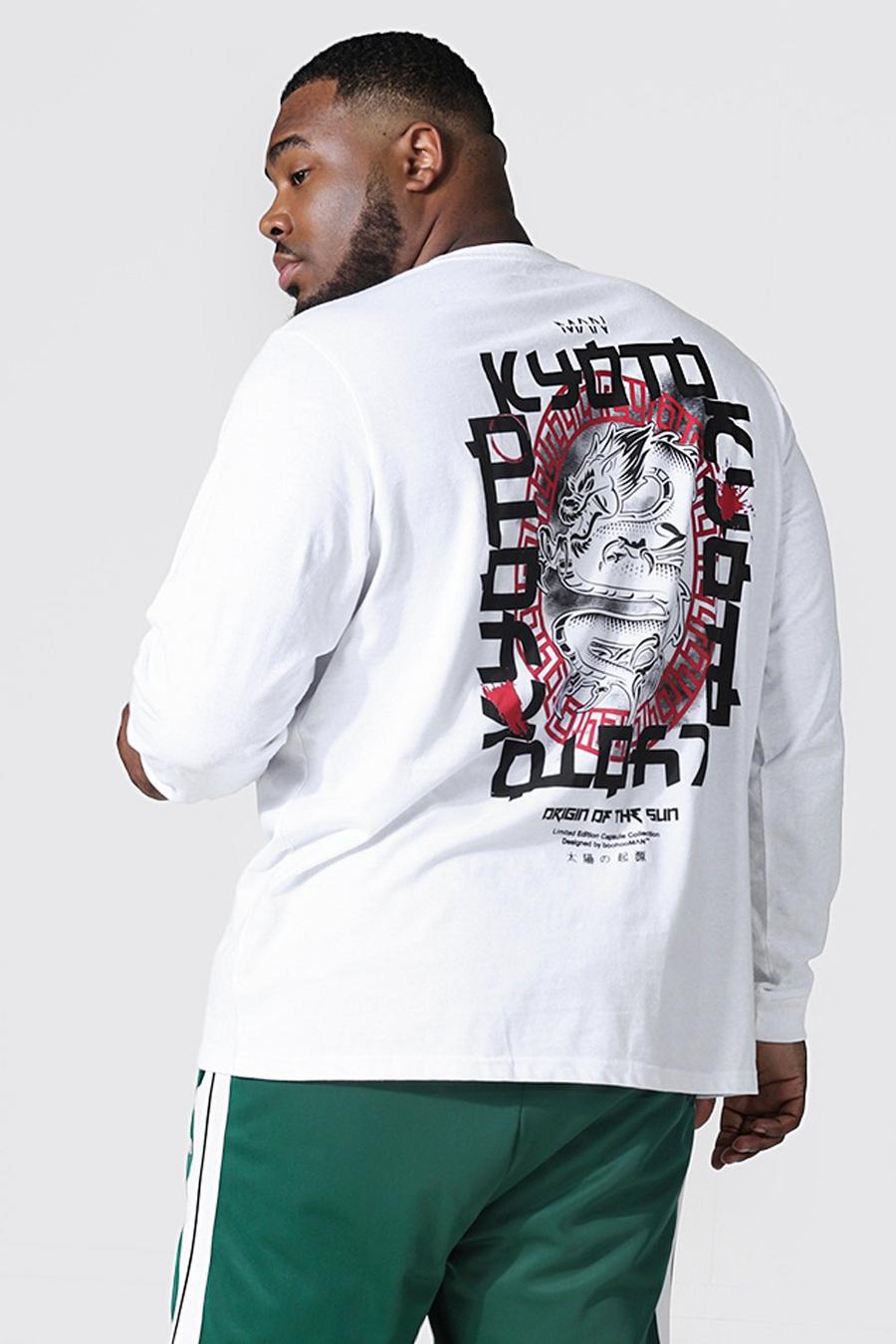 Camiseta Plus de manga larga con estampado de dragón en la espalda, White blanco image number 1