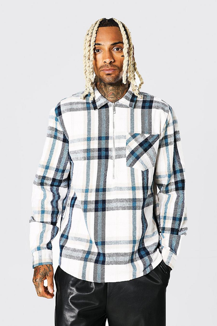 Ecru Long Sleeve Half Zip Flannel Overshirt image number 1