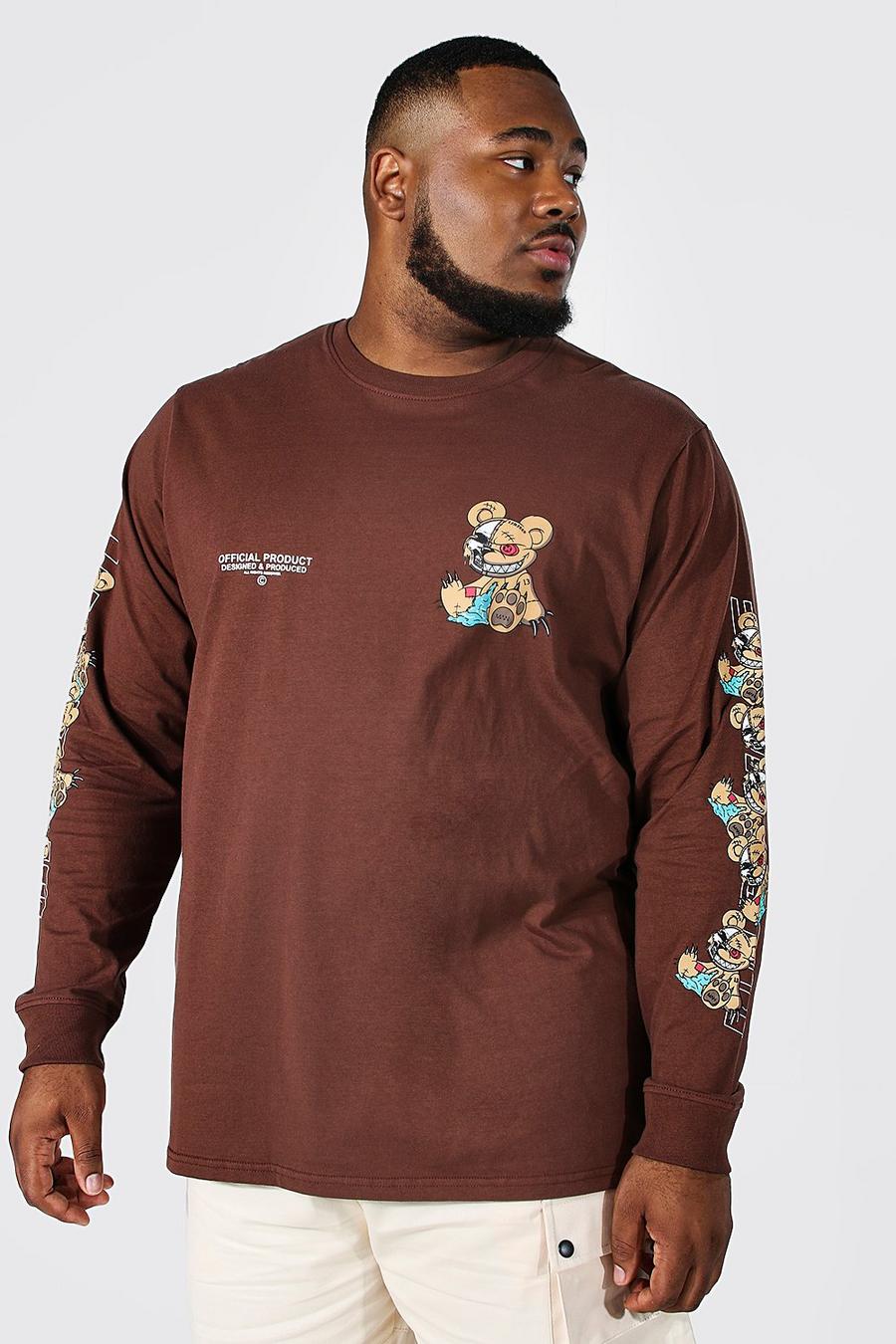 Plus langärmliges T-Shirt mit Angry Teddy Print, Chocolate braun
