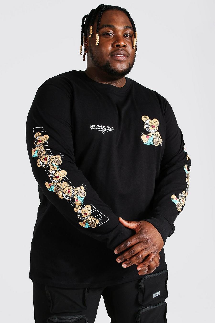 Black Plus Long Sleeve Angry Teddy Graphic T-Shirt image number 1