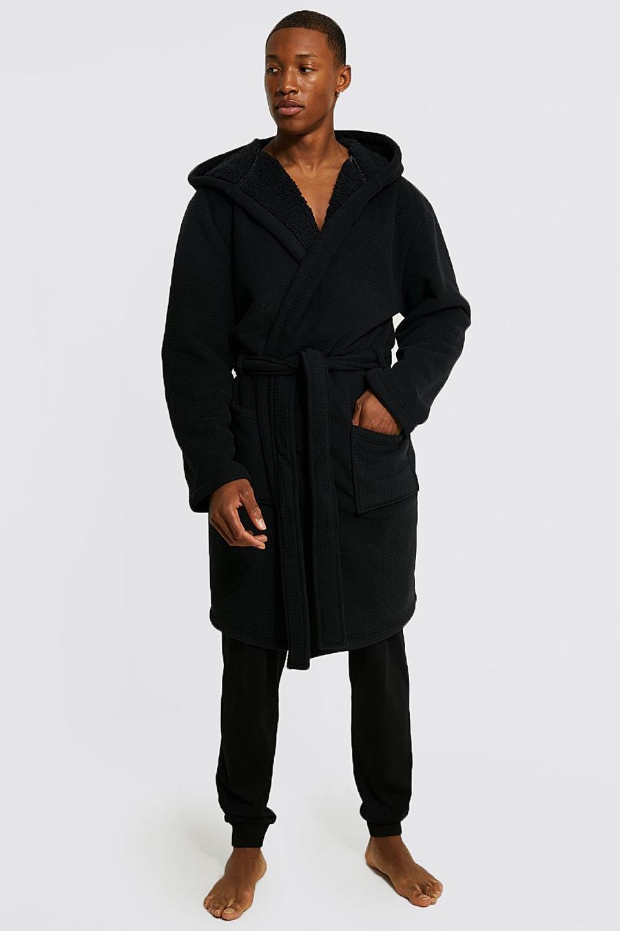 Black Bonded Waffle and Fleece Dressing Gown  image number 1