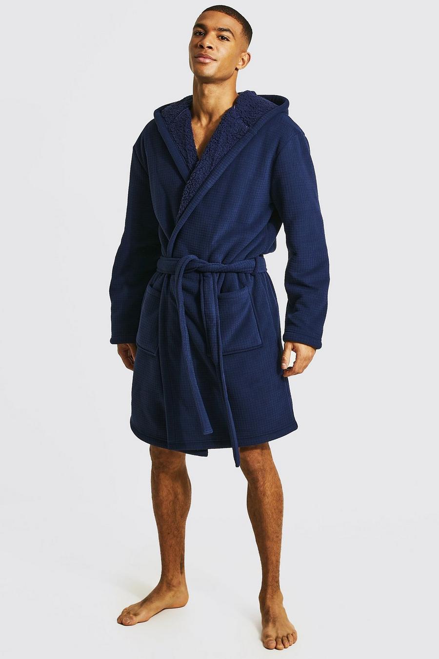 Navy Bonded Waffle and Fleece Dressing Gown 
