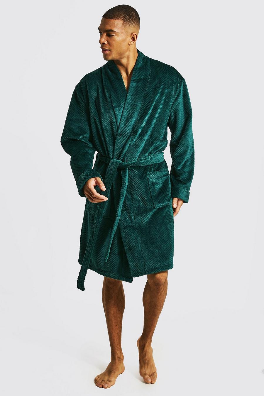Strutkturierter Fleece Kimono-Morgenmantel, Forest green image number 1