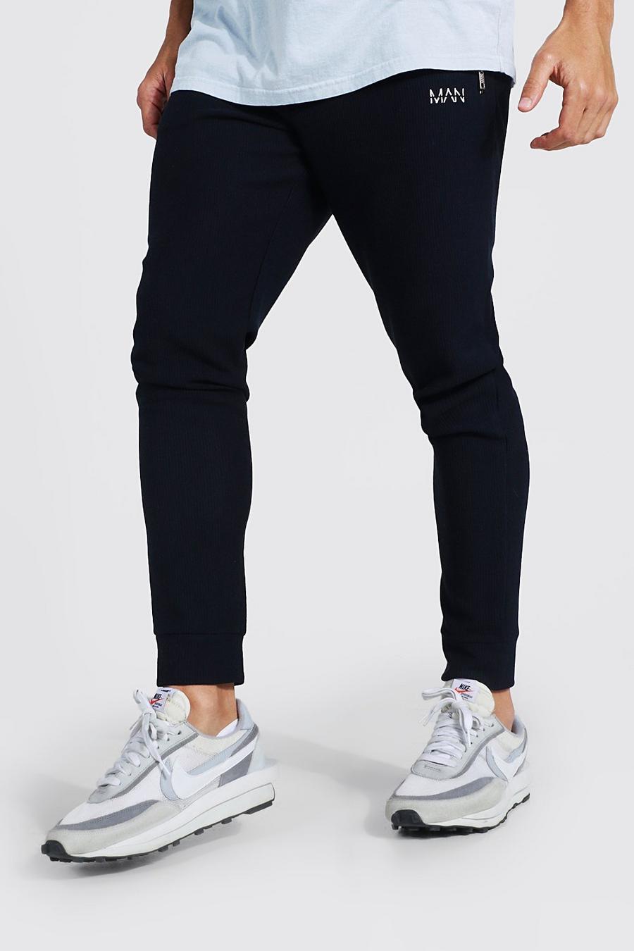 Navy Skinny Fit Ribbed Track Pants image number 1