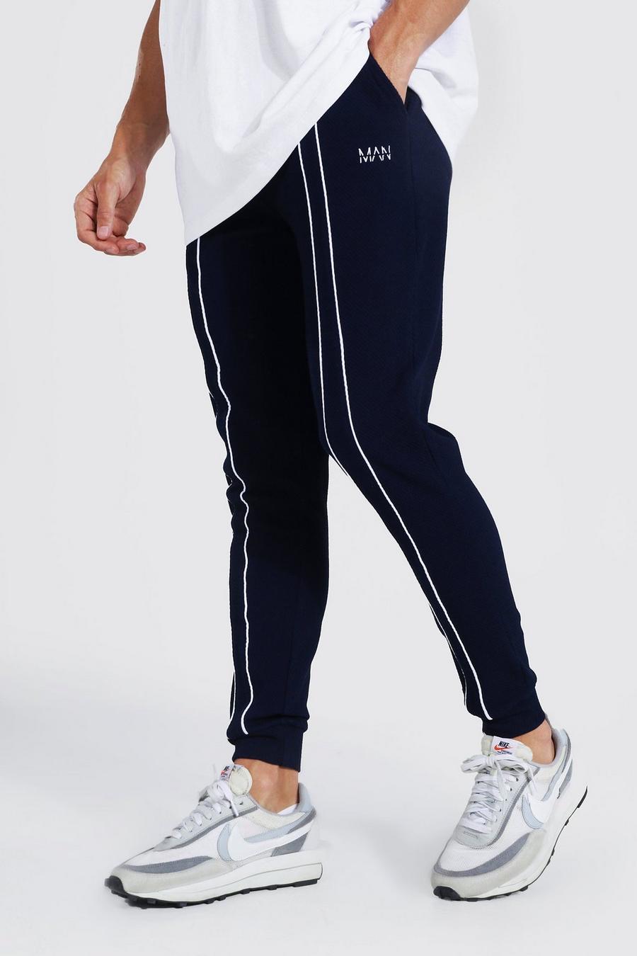 Navy Skinny Fit Pique Track Pants With Piping image number 1