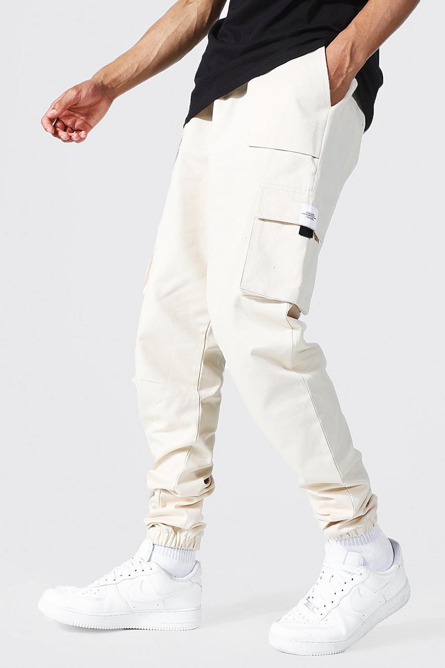 שמנת bianco מכנסי ריצה טוויל דגמ"ח עם חגורה בחזית ותווית לגברים גבוהים image number 1