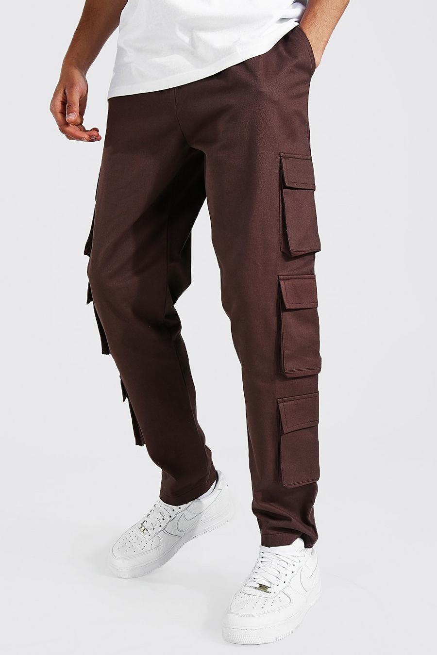 Chocolate brown Tall - Joggers i twill med cargofickor image number 1