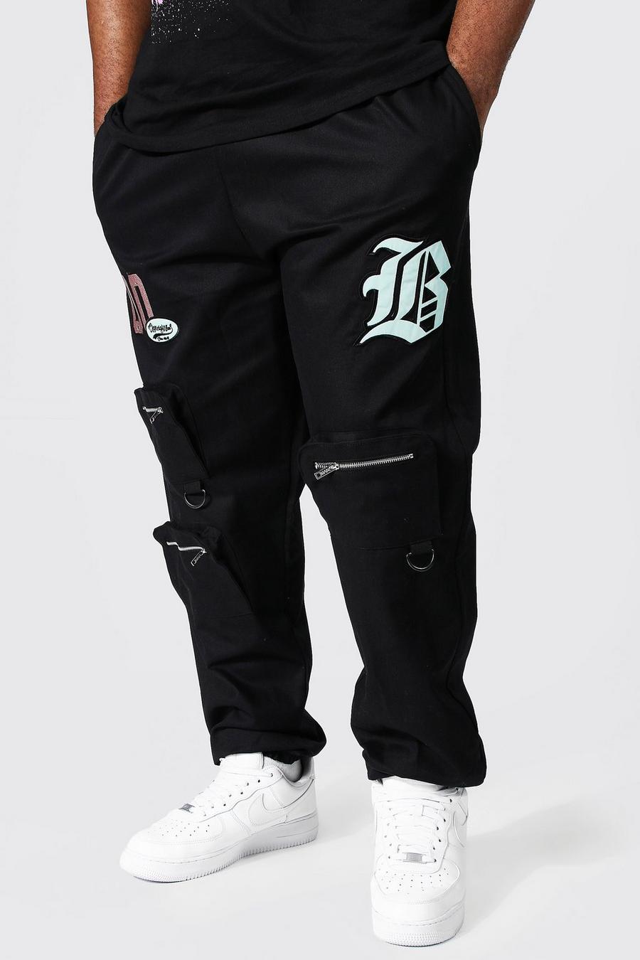 Pantaloni tuta Cargo Plus Size stile Varsity con tasca frontale, Black negro image number 1