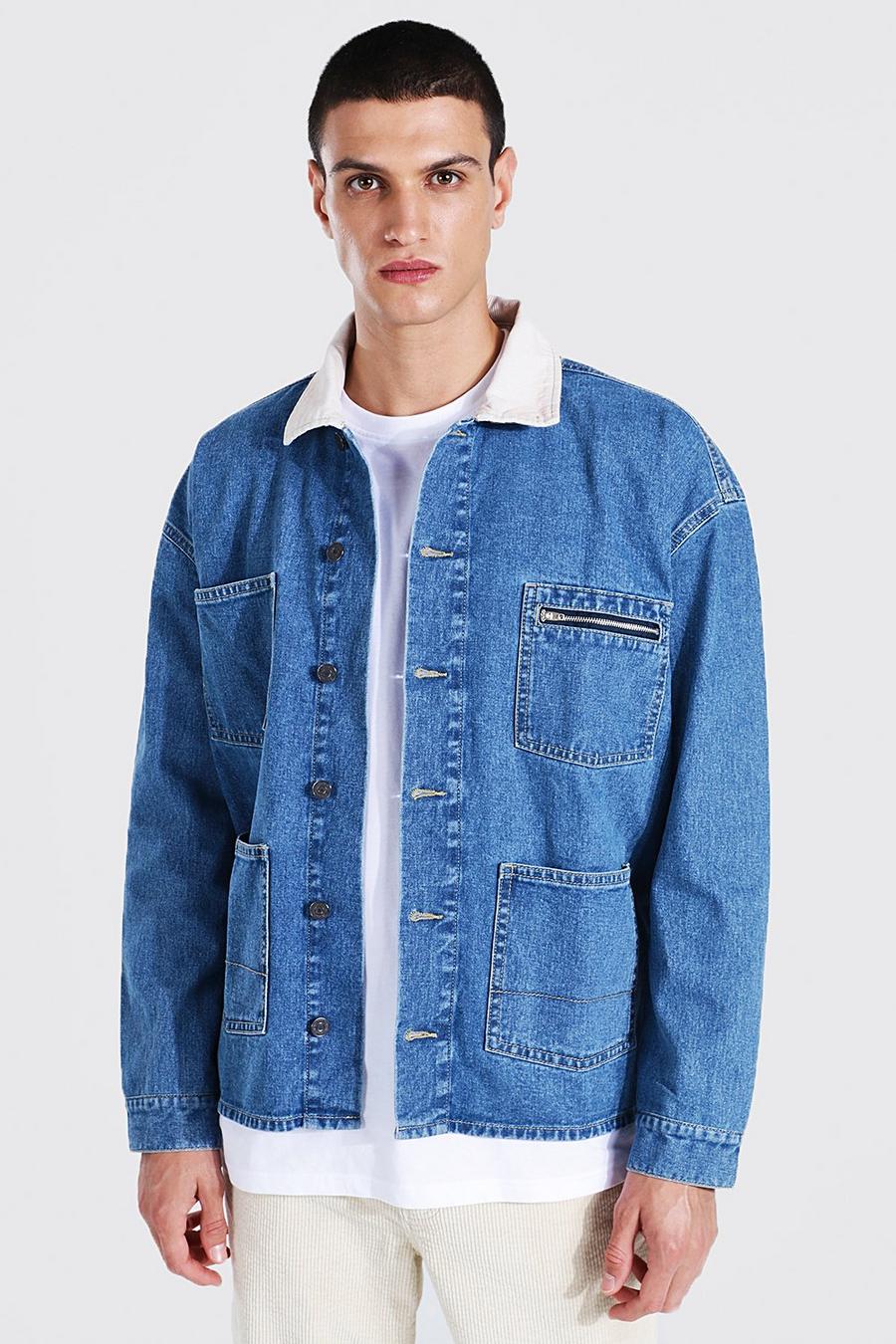 Mid blue Oversized Cord Collar Worker Denim Jacket image number 1