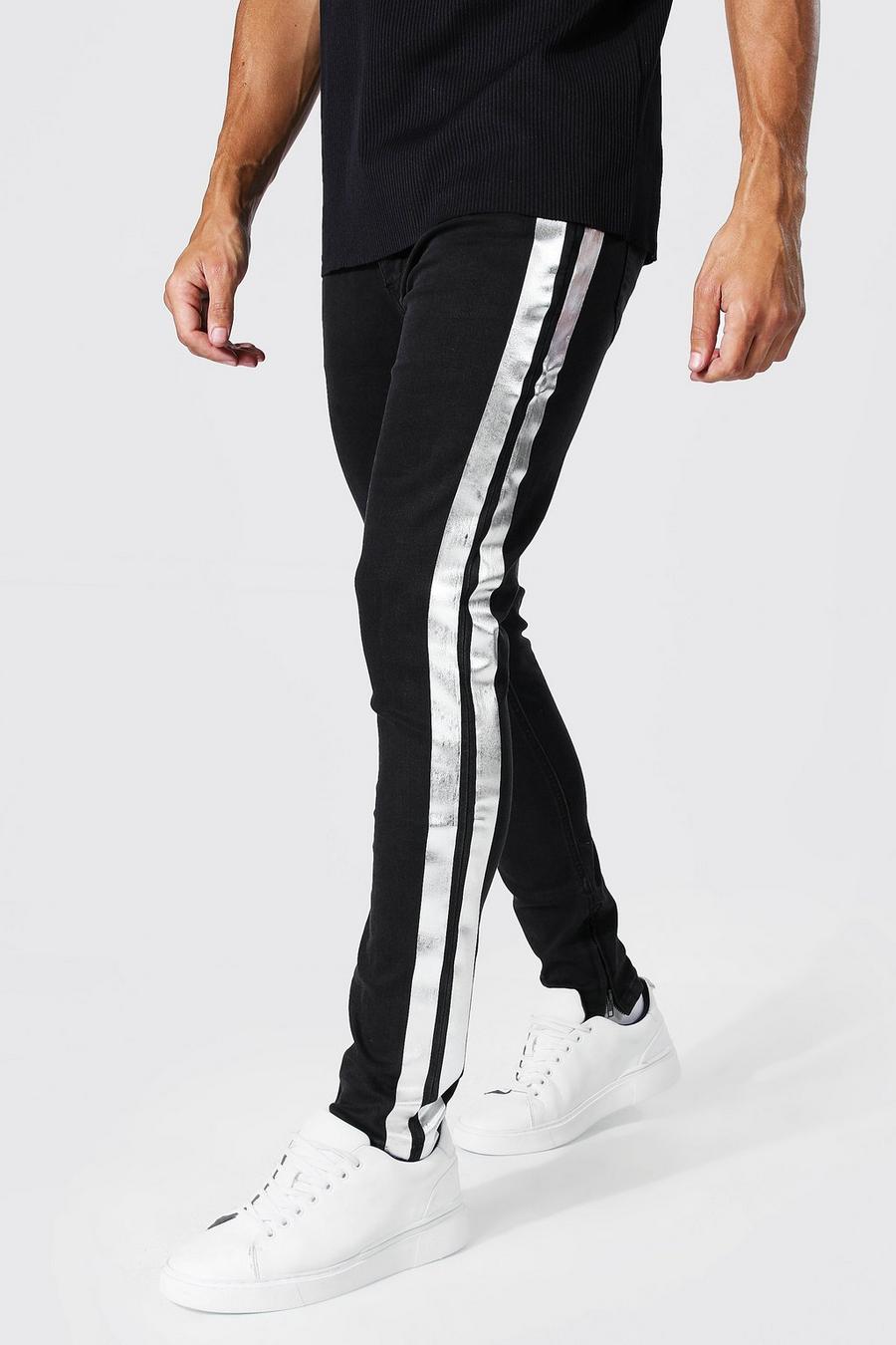 Washed black Skinny Stretch Holographic Side Stripe Jeans image number 1