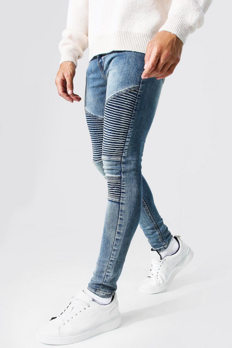 כחול עתיק ג'ינס סופר סקיני בסגנון אופנוענים עם פאנלים image number 1