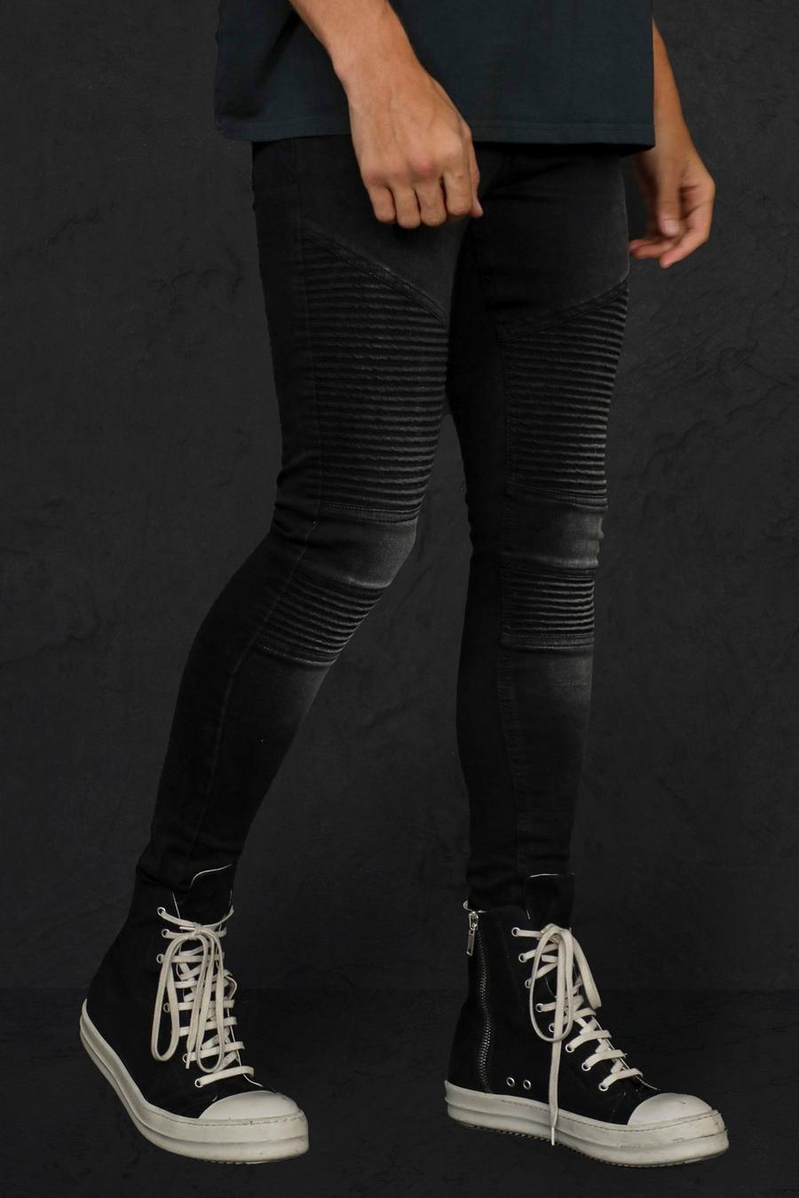 שחור דהוי ג'ינס סופר סקיני בסגנון אופנוענים עם פאנלים image number 1