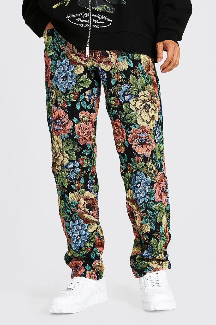 Black noir Relaxed Fit Floral Tapestry Jeans image number 1