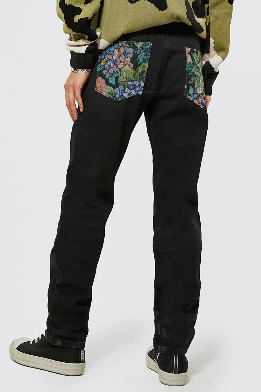 שחור ג׳ינס בגזרה ישרה עם כיסי טלאי בדוגמת גובלן image number 1