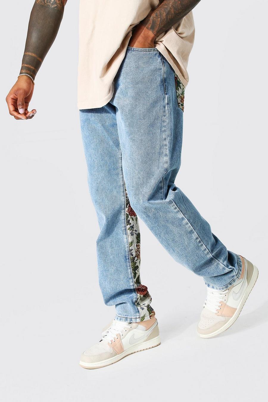 Mid blue Straight Leg Floral Tapestry Side Panel Jeans image number 1