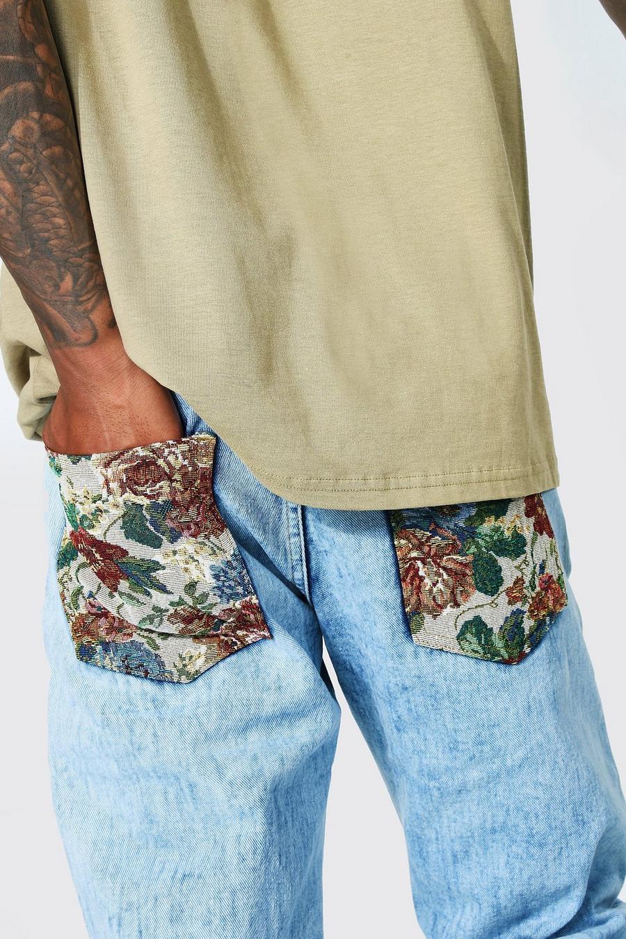 Ice blue Straight Leg Tapestry Patch Pocket Jeans