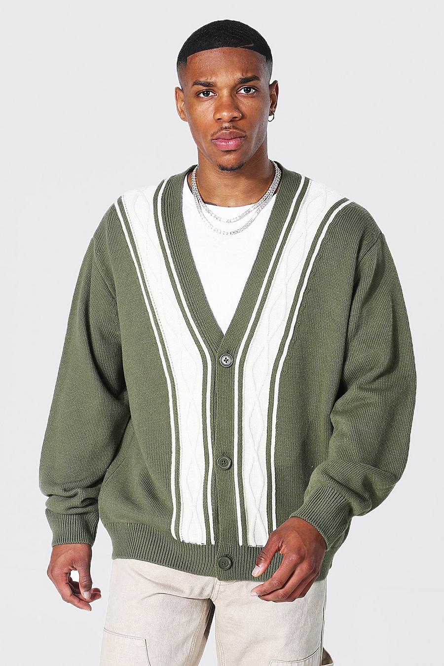 Green Oversized Cable Stripe Cardigan image number 1