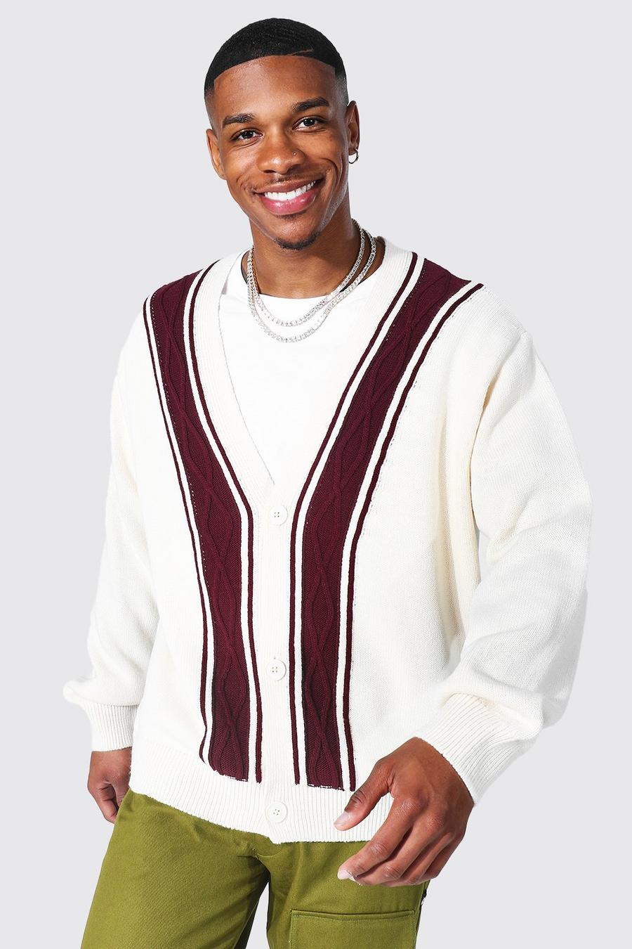 Cardigan oversize a righe in maglia intrecciata, Ecru bianco image number 1