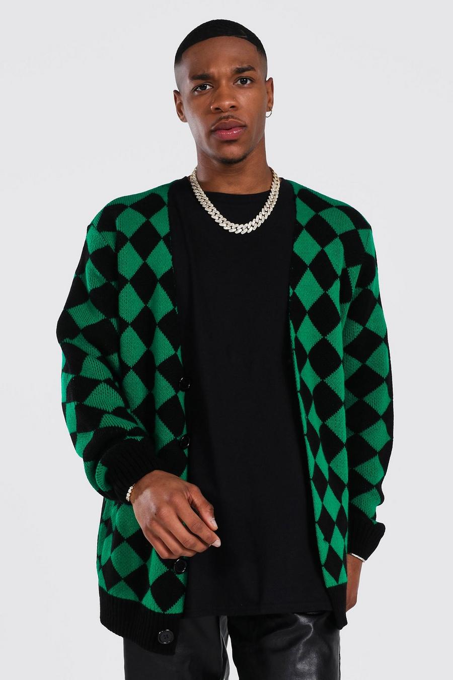 Green grön Retro Diamond Knitted Cardigan image number 1