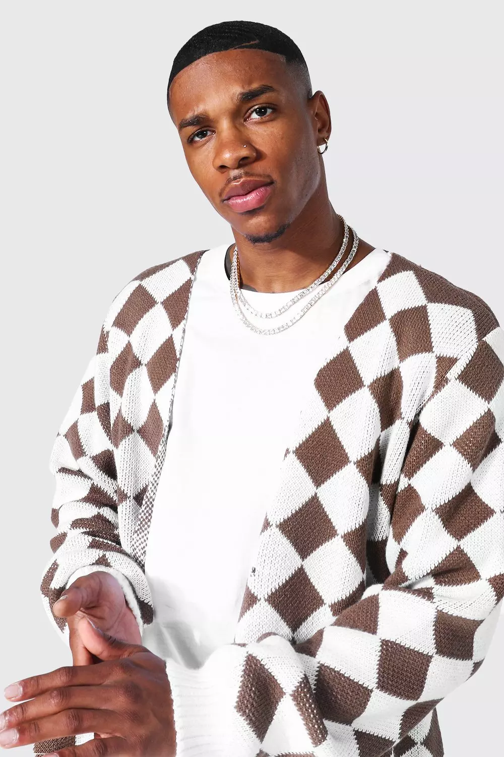 Taupe Retro Diamond Knitted Cardigan alternative image