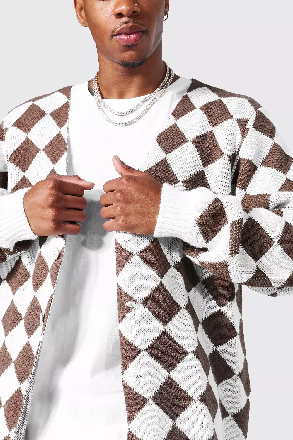 Taupe Retro Diamond Knitted Cardigan alternative image
