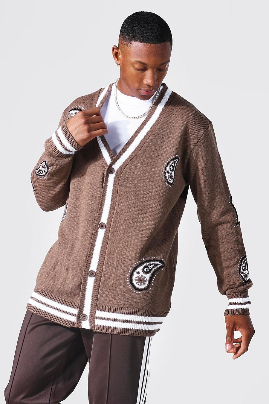 Brown Bandana Varsity Knitted Cardigan image number 1