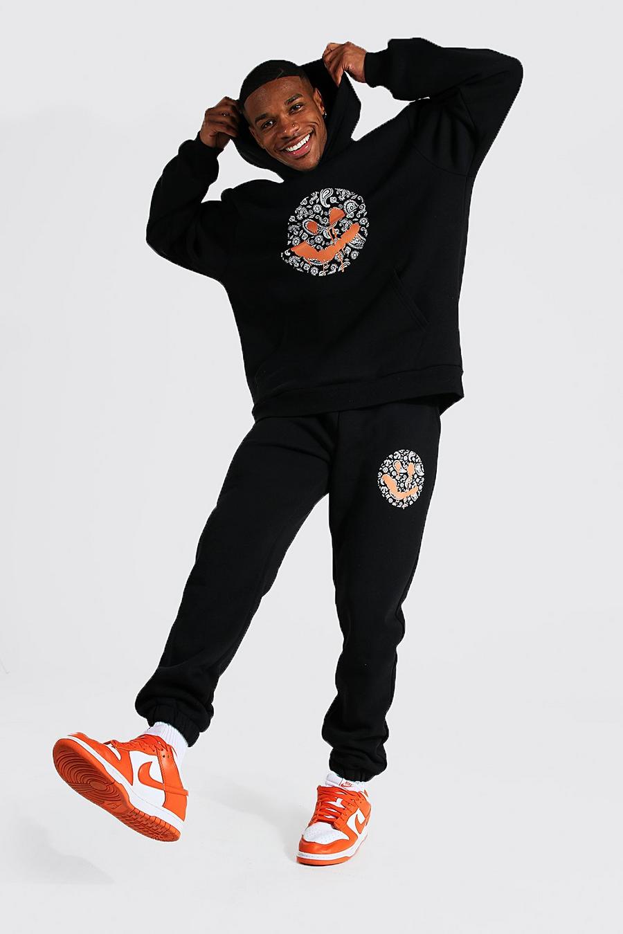 Black Oversized Paisley Drip Face Hooded Tracksuit image number 1