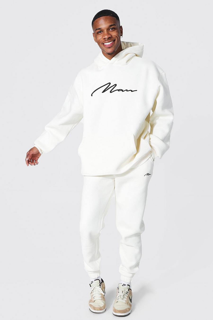 Ecru white Oversized 3d Man Embroidered Hooded Tracksuit