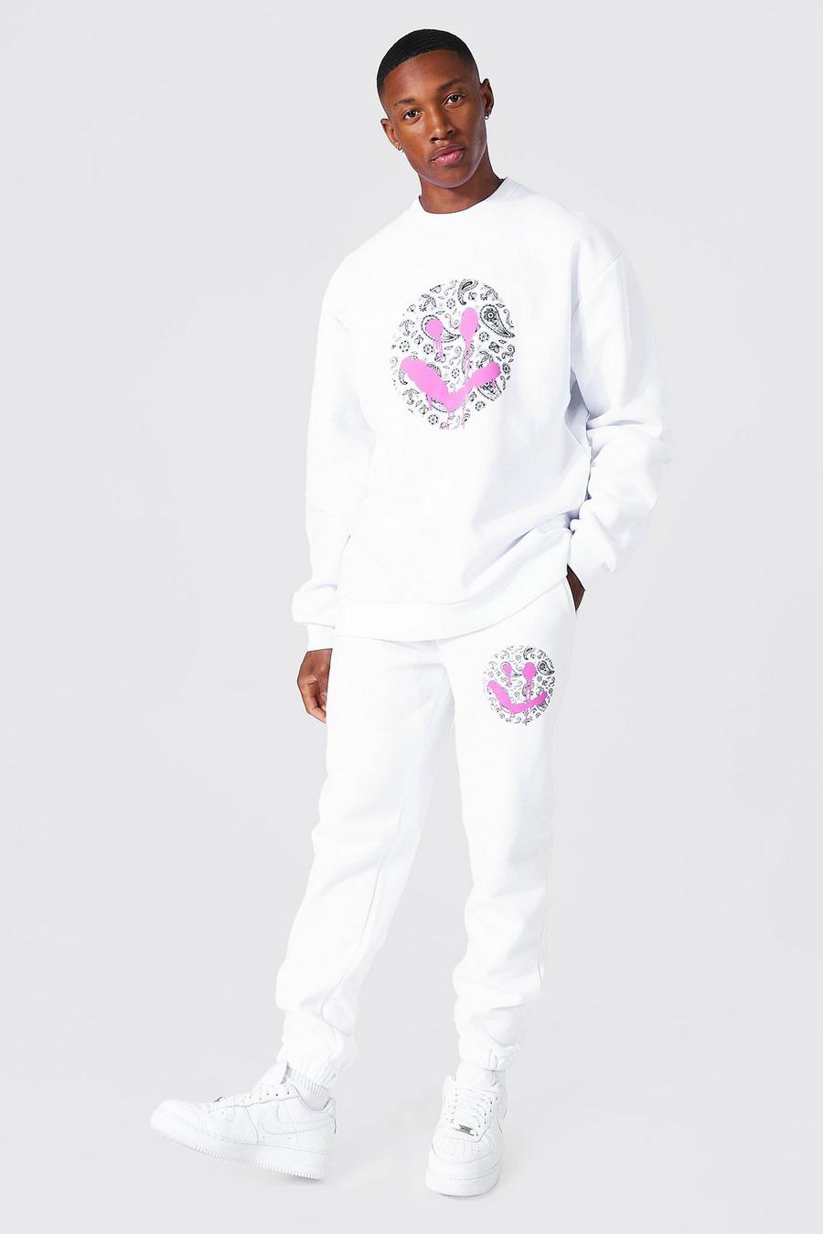 Oversize Sweatshirt-Trainingsanzug mit Paisley-Print und Drip Face, White blanc image number 1